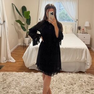 Black Sparkled Ruffle Long Sleeve Women's Midi Dress